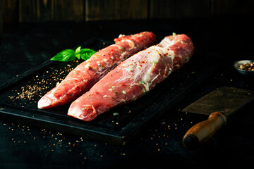 Fresh raw meat marinated with spices on a dark background - 436391801