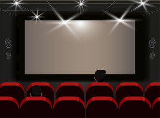 Cinema hall. Occupied seats with visitors. Film screening. Show. Illustration. The background. Flat.
Red armchairs