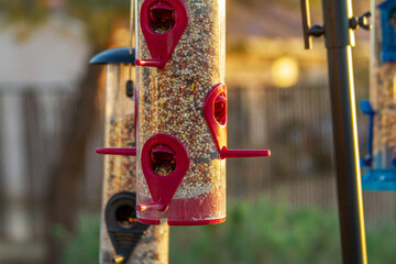Close up view of a red bird feeder
