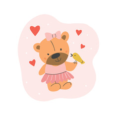 Happy cute teddy bear girl in summer clothes with yellow bird, hearts isolated on pink background illustration vector. Perfect for t shirt design for kids
