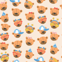 Cute vector seamless patterns with bear faces. Kids doodle illustrations. Cute bear portrait, stickers, stylish bear, bear in eyeglasses, boy and girl animals