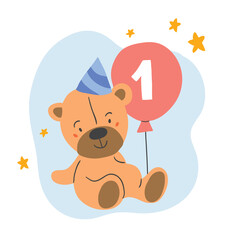 Happy cute teddy bear in birthday party hat with red balloon and number one with stars isolated on blue background illustration vector. Perfect for t shirt design for kids, birthday card