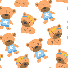 Cute vector seamless patterns with bears on white. Kids doodle illustrations. Cute bear portrait, stickers, stylish bear, bear in eyeglasses, boy and girl animals, kids textile design
