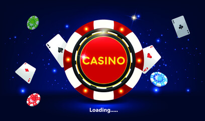 Splash screen. Illustration of poker chips with loading text on a blue background. Game UI. vector file