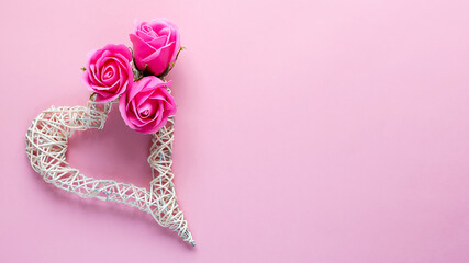 Soap roses in a heart-shaped gift box. Soap flowers can be used in a steam bath, sauna or hot tub. Valentine's Day, birthday, mother's day, 8 March. Top view, flat lay.