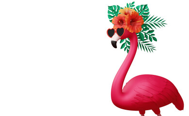 Flamingo with flower and leaves, summer season, summer template 3d rendering