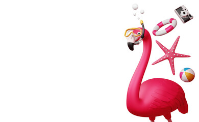 Flamingo wearing scuba diving mask with starfish, swim ring and camera, summer season, summer template 3d rendering