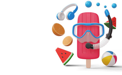 Icecream wearing scuba diving mask with beach equipment, summer season, summer template 3d rendering