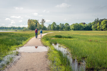 Unidentified senior man and woman walk together on a winding path. They both carry a backpack and the destination is unknown. The photo was taken in a Dutch nature reserve in the spring season.