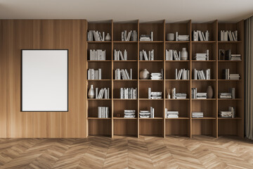 Light art room interior with big wooden bookshelf and decoration, mock up poster