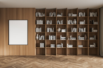 Light art room interior with big wooden bookshelf and decoration, mock up poster © ImageFlow