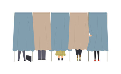 Political election process. Bundle of people are in the voting booths putting ballots in box at polling station, choosing candidate or voting for politicians. Vector cartoon illustration