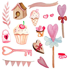 Watercolor set of cute elements