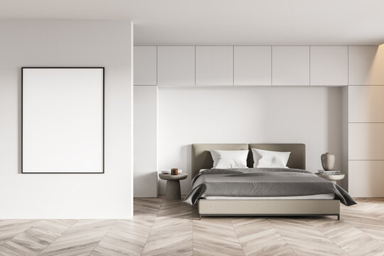 Stylish minimalistic white bedroom interior with poster