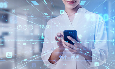 Businesswoman working with phone in hands, digital hud with numbers and lines