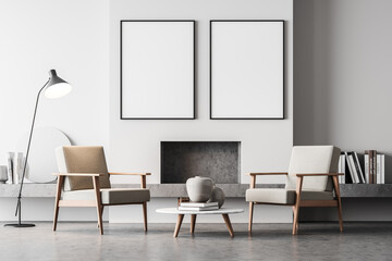 White living room interior with armchair and fireplace, mockup posters
