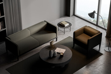 Minimalistic grey living room corner with sofa, bookcase and coffee table, top view