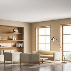 Beige living room interior with armchairs and sofa, bookshelf and window
