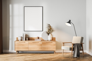 Light living room interior with armchair and drawer, mockup poster