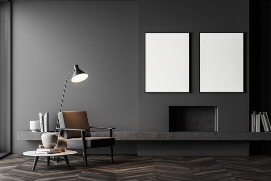 Grey living room interior with armchair and fireplace, mockup posters