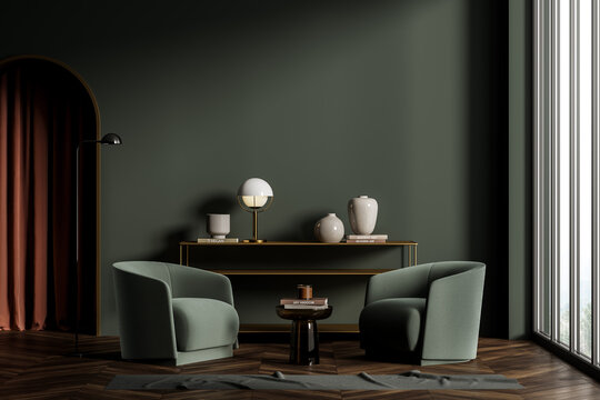 Dark green living room interior with two armchairs and cabinet