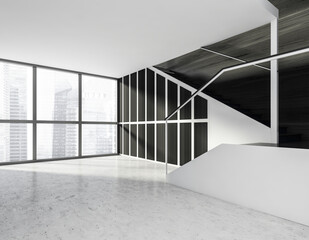 Minimalistic modern hall interior with stairs. Stone floor. Concrete stairs. Panoramic window with city view.