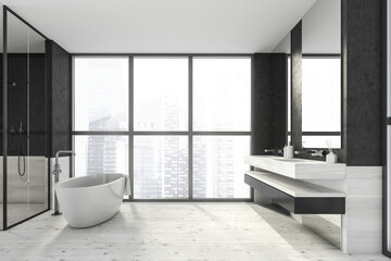Fototapeta na wymiar Modern design bathroom interior with shower cabin, white oval bathtub, double sink countertop, silver faucets. Panoramic window with skyscrapers city view. Wood and concrete materials.