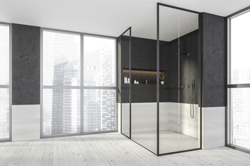 Modern design bathroom interior with shower cabin, faucets. Panoramic window with skyscrapers city view. Wood and concrete materials. Luxury apartments.