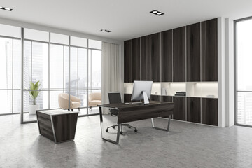 Luxury CEO office and lounge area corner with dark wooden table, computer and bookcase
