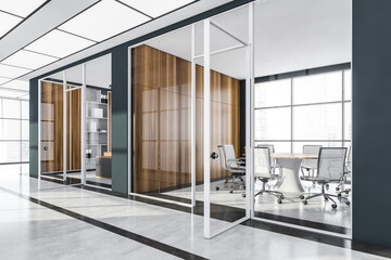Fototapeta premium Wooden and white conference room interior with furniture and window