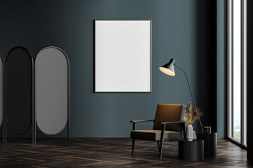 Dark grey living room interior with armchair and poster © ImageFlow