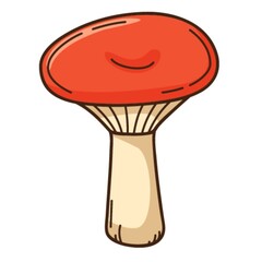 Forest mushroom with a red cap, black birch. A symbol of the forest, autumn, and harvest. Design element with outline. Doodle, hand-drawn. Flat design. Color vector illustration. Isolated on white