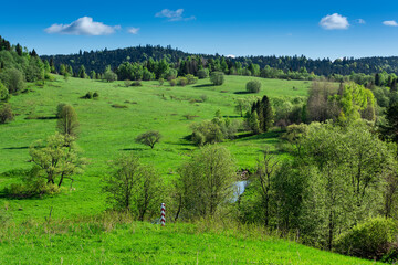 San River and Border Post on Polish Ukraine Frontier in Bieszczady Park, Poland at Sumer.