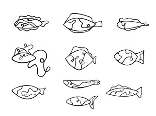 Black fish silhouette. decorative minimalistic style. Abstract graphic icon ornament. nature ocean art. Logo vector print. Doodle simple. outline