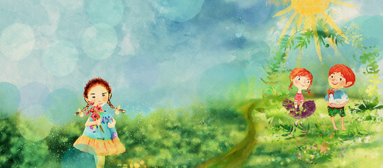 Obraz na płótnie Canvas Colorful summer. Watercolor background for children