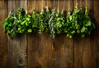 Collection of Various Fresh Herbs Hanging in Bunches for Drying