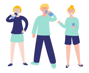 Set of people drinking water. Vector concept of healthy lifestyle
