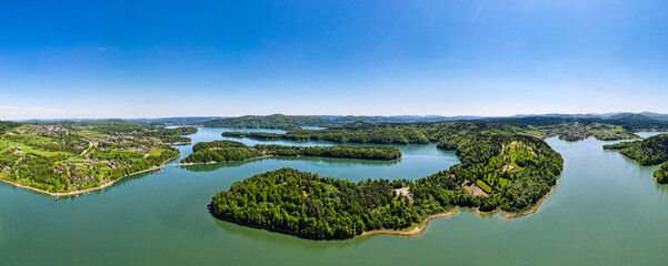 Solina Lake and Polanczyk in Bieszczady Mountains Park, Poland. Summer Landscape. Drone Panorama
