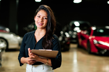 young latin saleswoman selling luxury cars