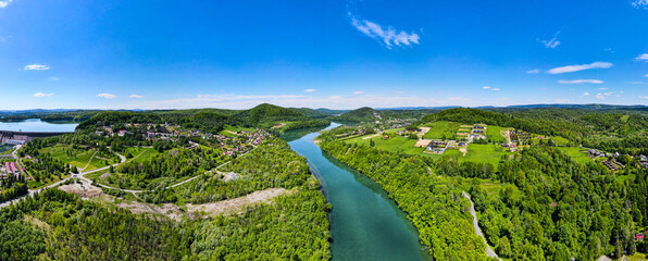 Fototapeta na wymiar Myczkowskie Lake in Solina, Bieszczady Poland. San River. Drone Panorama