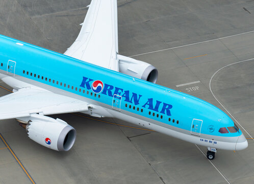 Aerial close up view of Korean Air Boeing 787 Dreamliner at Boeing ramp at Paine Field Everett WA USA. Aircraft taxiing after successful flight t