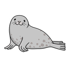 Happy gray fur seal lies down and smiles. Vector hand drawn cartoon ocean animal illustration isolated on white background.