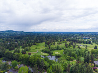 In the photo we see a beautiful nature - woodland, lake. Mountains can be seen in the distance. There are white clouds in the blue sky. View from above. Shooting from a drone.