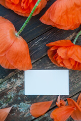 Red poppies on wooden backdrop with empty space white business card