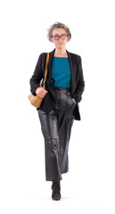 Portrait of a businesswoman wearing a black jacket and a bag