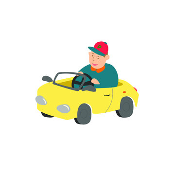 Vector image of a child in a children's toy yellow car