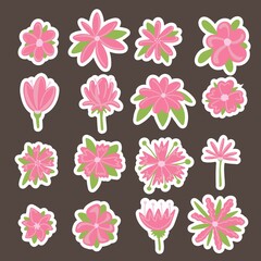 Set of vector flowers of pink color of different shapes with green petals. Flowers for decoration of children's cards, banners, printing on fabric, stickers.