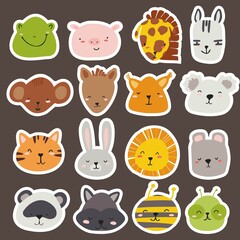 A set of vector faces of animals in bright colors for the design of children's rooms, patterns, cards.