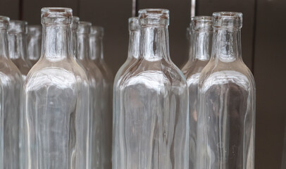 Old empty bottles in a close up view.