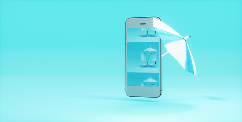 3d illustration of a young man standing in front of smartphone and using travel fare aggregator application for searching flights. Cheap flights searching and booking apps concept.